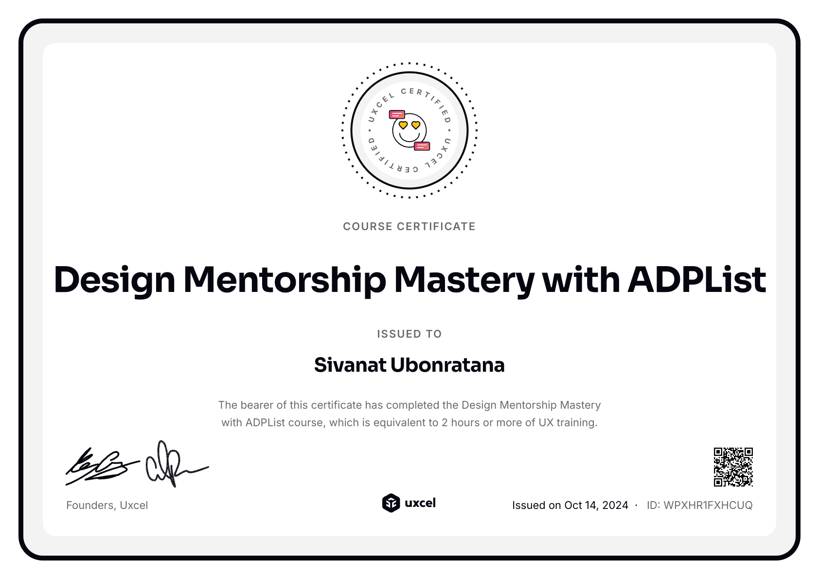 Sivanat Ubonratana's certificate